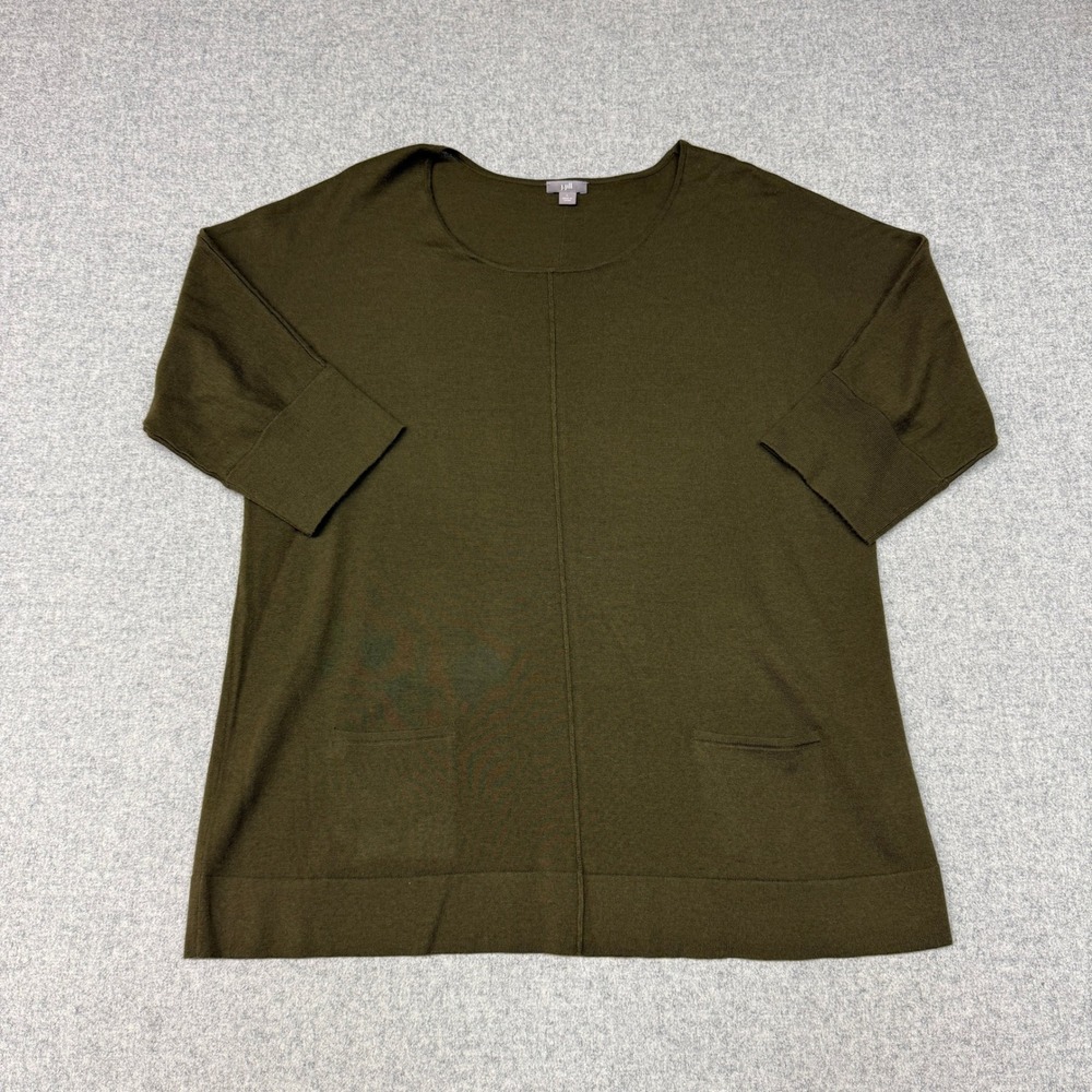 J. Jill | Merino Wool Sweater Top | L | Olive Green | 3/4 Sleeve Pocket Knit